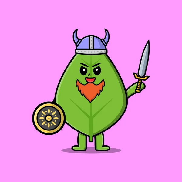 Cute Cartoon Character Green Leaf Viking Pirate Hat Holding Sword — стоковый вектор