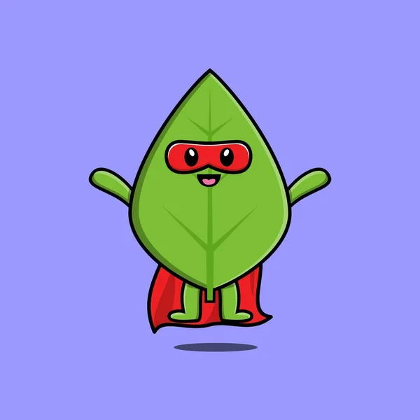 Cute Green Leaf Superhero Character Flaying Illustration Cartoon Vector Concept — Stockvektor