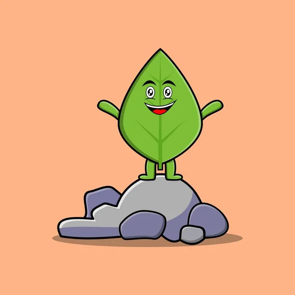 Cute Cartoon Green Leaf Character Standing Stone Vector Illustration Concept —  Vetores de Stock