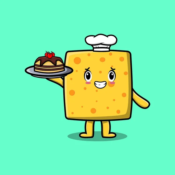 Cute Cartoon Chef Cheese Character Serving Cake Tray Cute Style — Image vectorielle