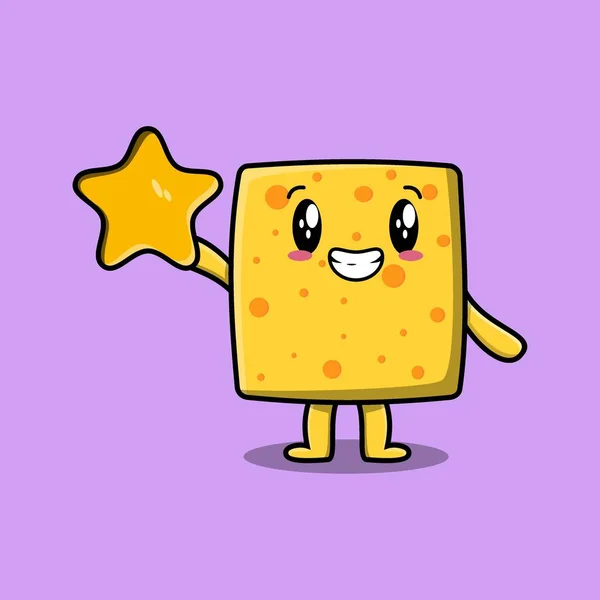 Cute Cartoon Cheese Character Holding Big Golden Star Cute Modern — Image vectorielle