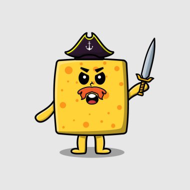Sevimli maskot maskotu karakter peynir korsanı şapkalı ve kılıç tutan modern tasarım.