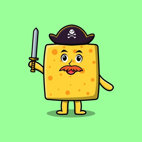Cute Cartoon Mascot Character Cheese Pirate Hat Holding Sword Modern — Stock vektor