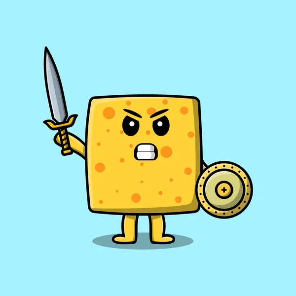 Cute Cartoon Character Cheese Holding Sword Shield Modern Style Design — Stock Vector