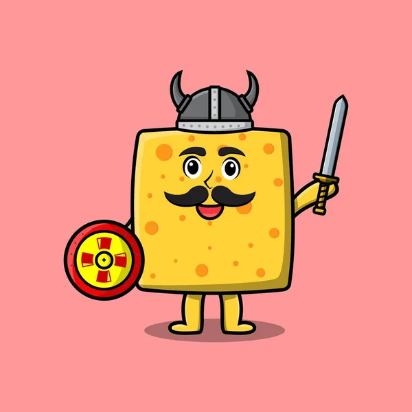 Cute Cartoon Character Cheese Viking Pirate Hat Holding Sword Shield — Image vectorielle