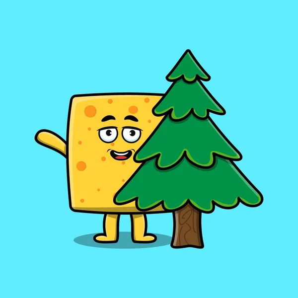 Cute Cartoon Cheese Character Hiding Tree Modern Design — Stock vektor