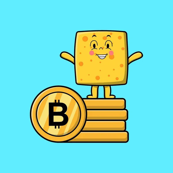 Cute Cartoon Cheese Character Standing Stacked Gold Coin Vector Illustration — 图库矢量图片