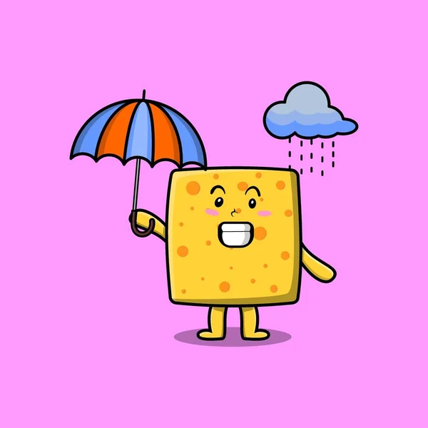 Cute Cartoon Cheese Character Rain Using Umbrella Modern Style Design — Stock vektor