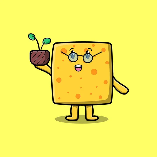 Cute Cartoon Cheese Holding Plant Pot Modern Style Design — Image vectorielle