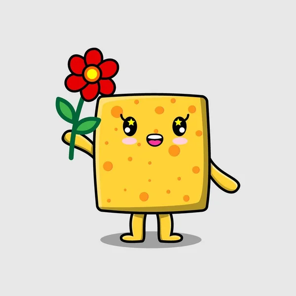 Cute Cartoon Cheese Character Holding Red Flower Concept Cartoon Style — 스톡 벡터