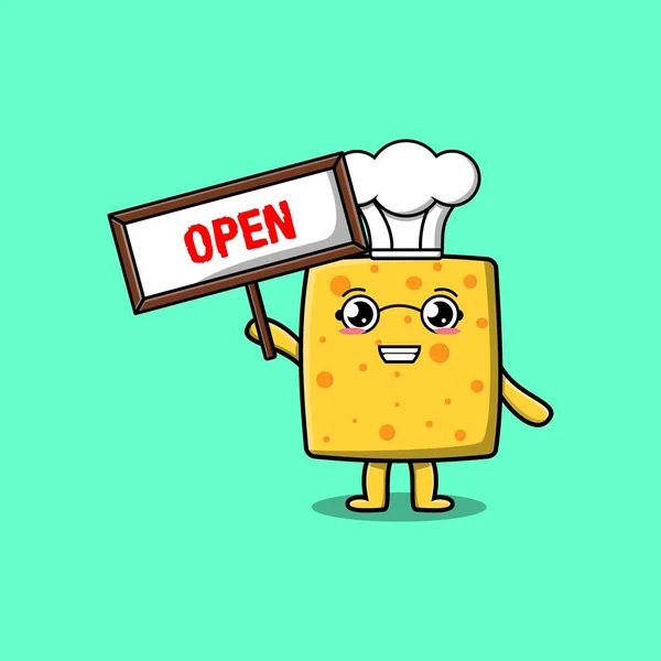 Cute Cartoon Cheese Character Holding Open Sign Designs Concept Cartoon — Stock Vector