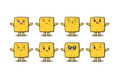 Çizgi film yüz çizimlerinin farklı ifadelerine sahip kawaii peyniri çizgi film karakterini ayarla