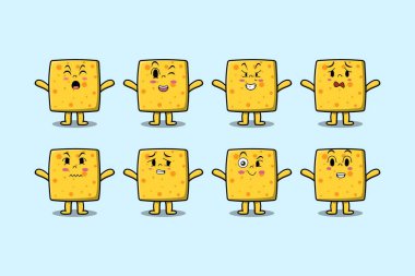 Çizgi film yüz çizimlerinin farklı ifadelerine sahip kawaii peyniri çizgi film karakterini ayarla