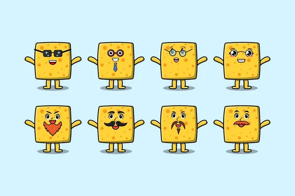 Set Kawaii Cheese Cartoon Character Different Expressions Cartoon Face Vector — 스톡 벡터