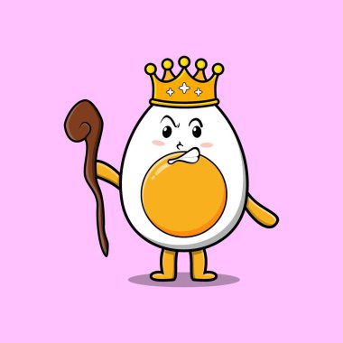 Tatlı çizgi film kaynatılmış yumurta maskotu bilge kral olarak altın taç ve tahta sopayla