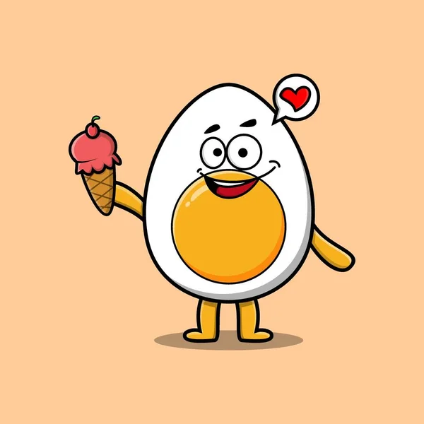 Cute Cartoon Boiled Egg Character Holding Ice Cream Cone —  Vetores de Stock