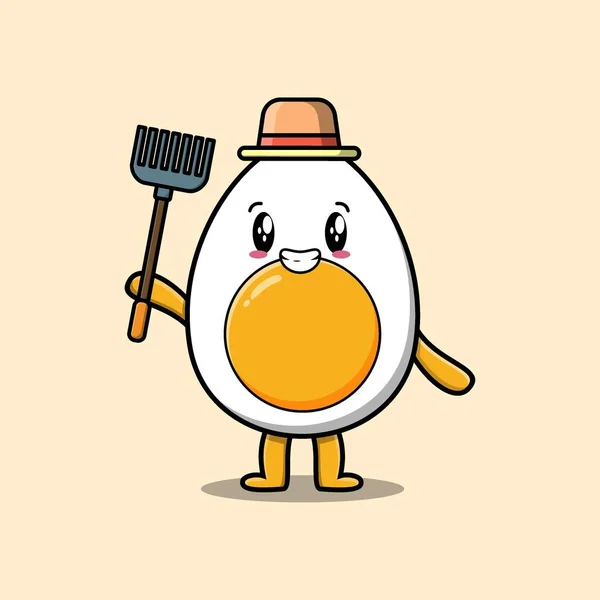 Cute Cartoon Agricultural Worker Boiled Egg Pitchfork Vector Image Cute — Vettoriale Stock