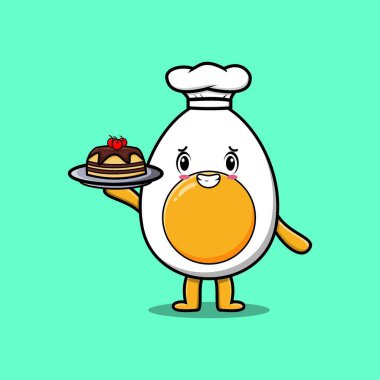 Sevimli karikatür şefi kaynatılmış yumurta karakteri tepside tatlı bir stil dizaynı sunuyor.