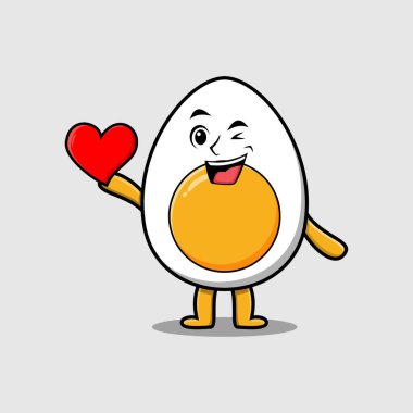 Sevimli çizgi film haşlanmış yumurta karakteri modern tarzda büyük kırmızı bir kalp taşıyor.