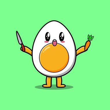 Haşlanmış yumurta karakteri modern tarzda bıçak ve havuç tutuyor.