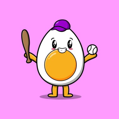 Sevimli çizgi film haşlanmış yumurta karakteri modern tarzda beysbol oynuyor.