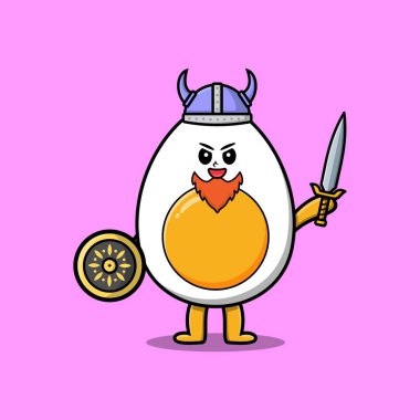 Sevimli çizgi film karakteri haşlanmış yumurta viking korsanı şapkası ve kılıcı ve kalkanı var.