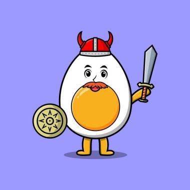 Sevimli çizgi film karakteri haşlanmış yumurta viking korsanı şapkası ve kılıcı ve kalkanı var.