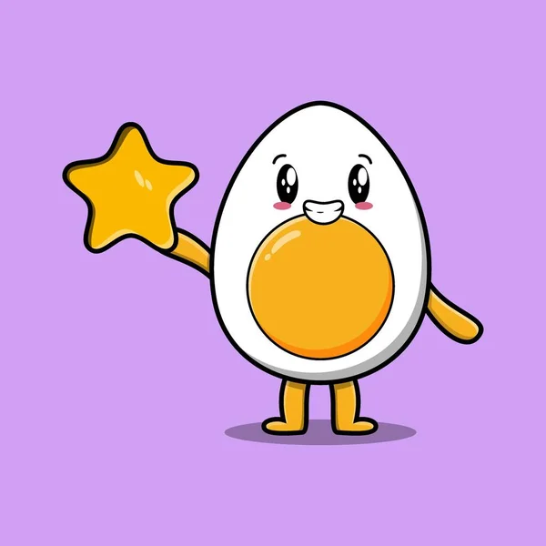 Cute Cartoon Boiled Egg Character Holding Big Golden Star Cute — ストックベクタ
