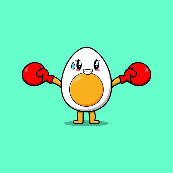 Χαριτωμένο Βρασμένο Αυγό Μασκότ Κινουμένων Σχεδίων Παίζοντας Αθλητισμό Γάντια Πυγμαχίας — Διανυσματικό Αρχείο
