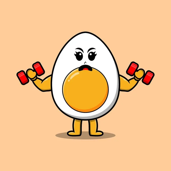 Cute Cartoon Boiled Egg Character Fitness Barbell Modern Style Design — Stock Vector