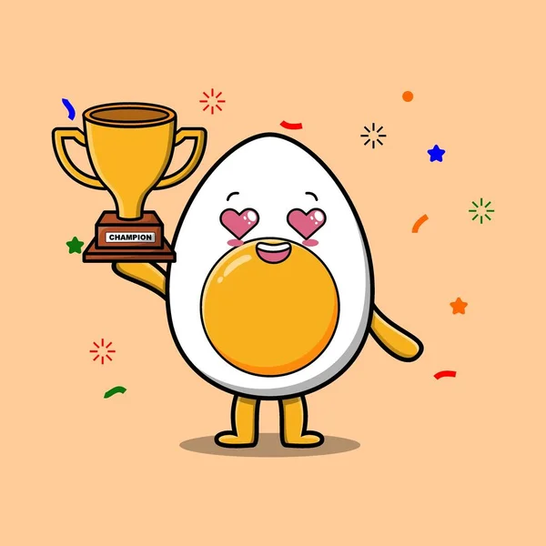 Cute Cartoon Character Illustration Boiled Egg Holding Golden Trophy Happy — Vector de stock