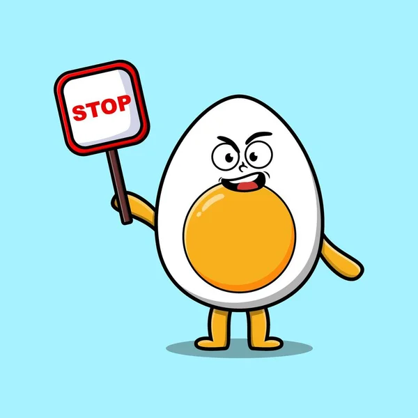 Cute Cartoon Mascot Illustration Boiled Egg Stop Sign Board Vector — Image vectorielle