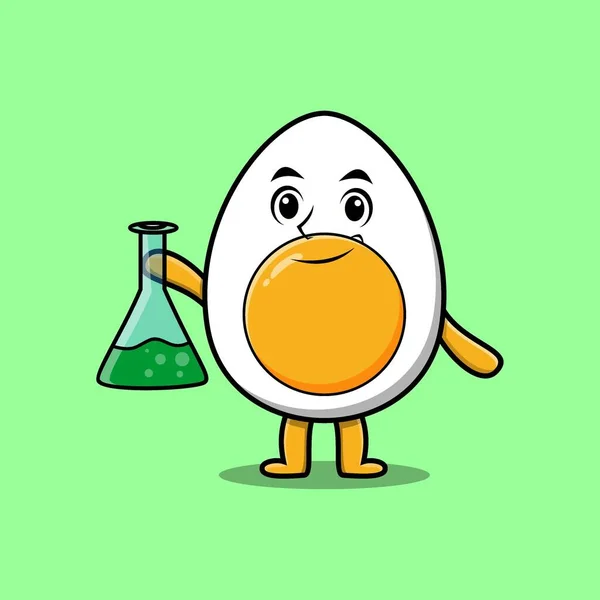 Cute Cartoon Mascot Character Boiled Egg Scientist Chemical Reaction Glass — Stock vektor