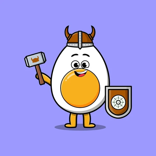 Cute Cartoon Character Boiled Egg Viking Pirate Hat Holding Hammer — Vetor de Stock