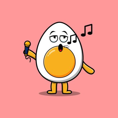 Sevimli çizgi film kaynatılmış yumurta şarkıcısı karakter mikrofonu 3 boyutlu modern stil tasarımı ile tutuyor.