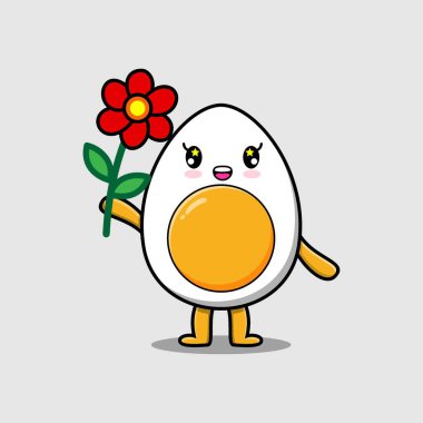 Sevimli çizgi film kaynatılmış yumurta karakteri kırmızı çiçeği 3D çizgi film tarzında tutuyor.