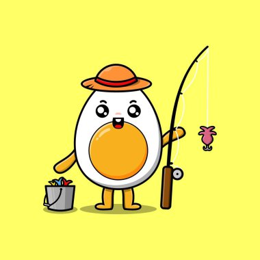 Şirin bir çizgi film haşlanmış yumurta, balık tutmaya hazır balıkçı kıyafeti giyip çizgi film karakteri.