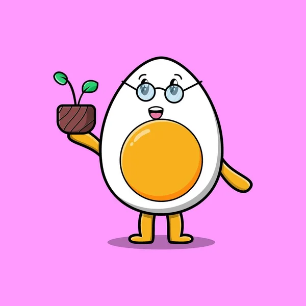 Carino Cartone Animato Uovo Bollito Che Tiene Pianta Una Pentola — Vettoriale Stock
