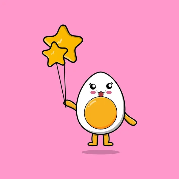 Cute Cartoon Boiled Egg Floating Star Balloon Cartoon Vector Illustration — Stock Vector
