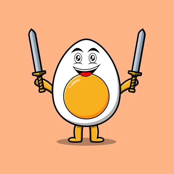 Cute Cartoon Boiled Egg Character Holding Two Sword Modern Design — Stock Vector