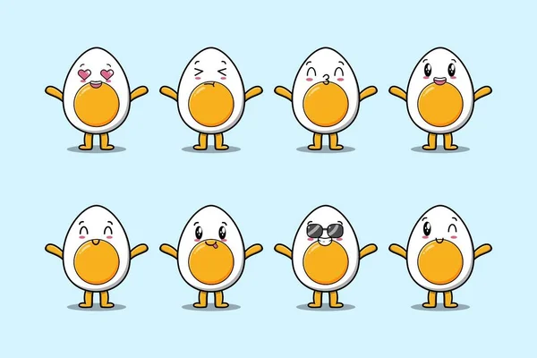 Set Kawaii Boiled Egg Cartoon Character Different Expressions Cartoon Face — Stock Vector