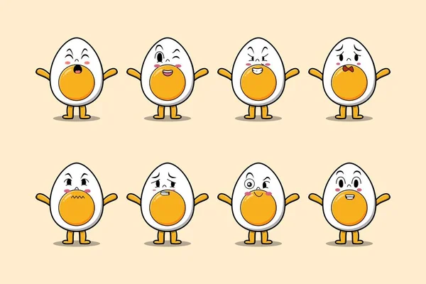 Set Kawaii Huevo Hervido Personaje Dibujos Animados Con Diferentes Expresiones — Vector de stock