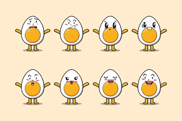 Set Kawaii Boiled Egg Cartoon Character Different Expressions Cartoon Face — Stock Vector