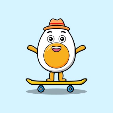 Kaykay üzerinde karikatür vektör illüstrasyon tarzıyla duran kaynamış yumurta.