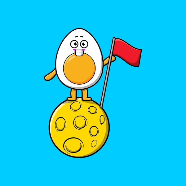 Χαριτωμένο Καρτούν Βρασμένο Αυγό Σεφ Χαρακτήρα Στέκεται Στο Φεγγάρι Σημαία — Διανυσματικό Αρχείο