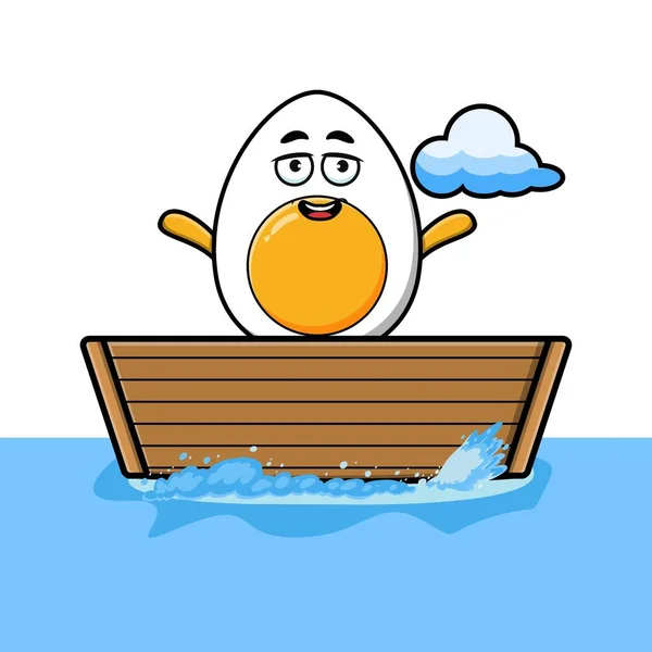 Cute Cartoon Boiled Egg Get Boat Vector Character Illustration — Stock Vector