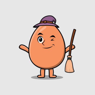 Şirin çizgi film cadısı şapkası ve süpürgesi olan kahverengi, sevimli yumurta karakteri.