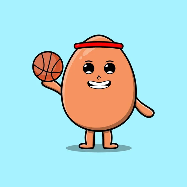 Cute Cartoon Brown Cute Egg Character Playing Basketball — Stock Vector