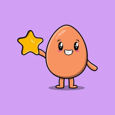 Şirin, kahverengi, sevimli yumurta karakteri elinde sevimli, modern tarzda büyük bir yıldız tutuyor.