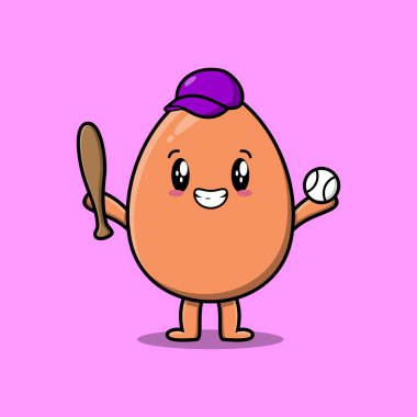 Modern stil tasarımında beyzbol oynayan sevimli kahverengi, sevimli yumurta karakteri.